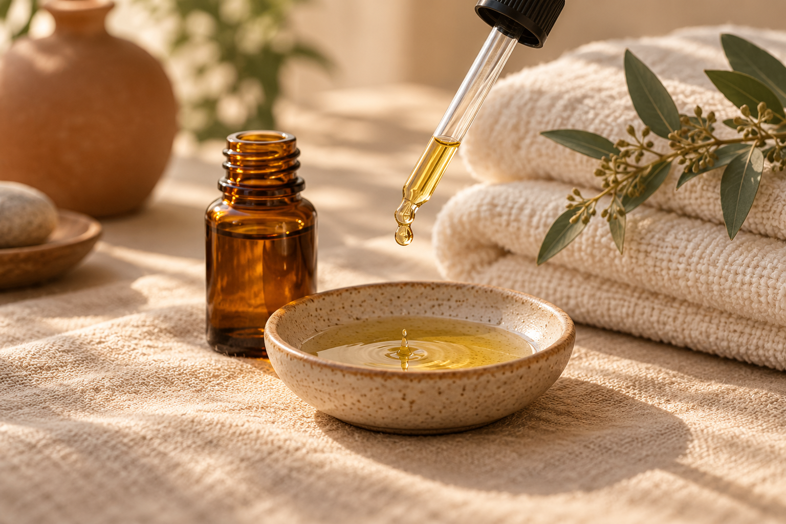 Illustrative aromatherapy oils and cream spa towels in warm light