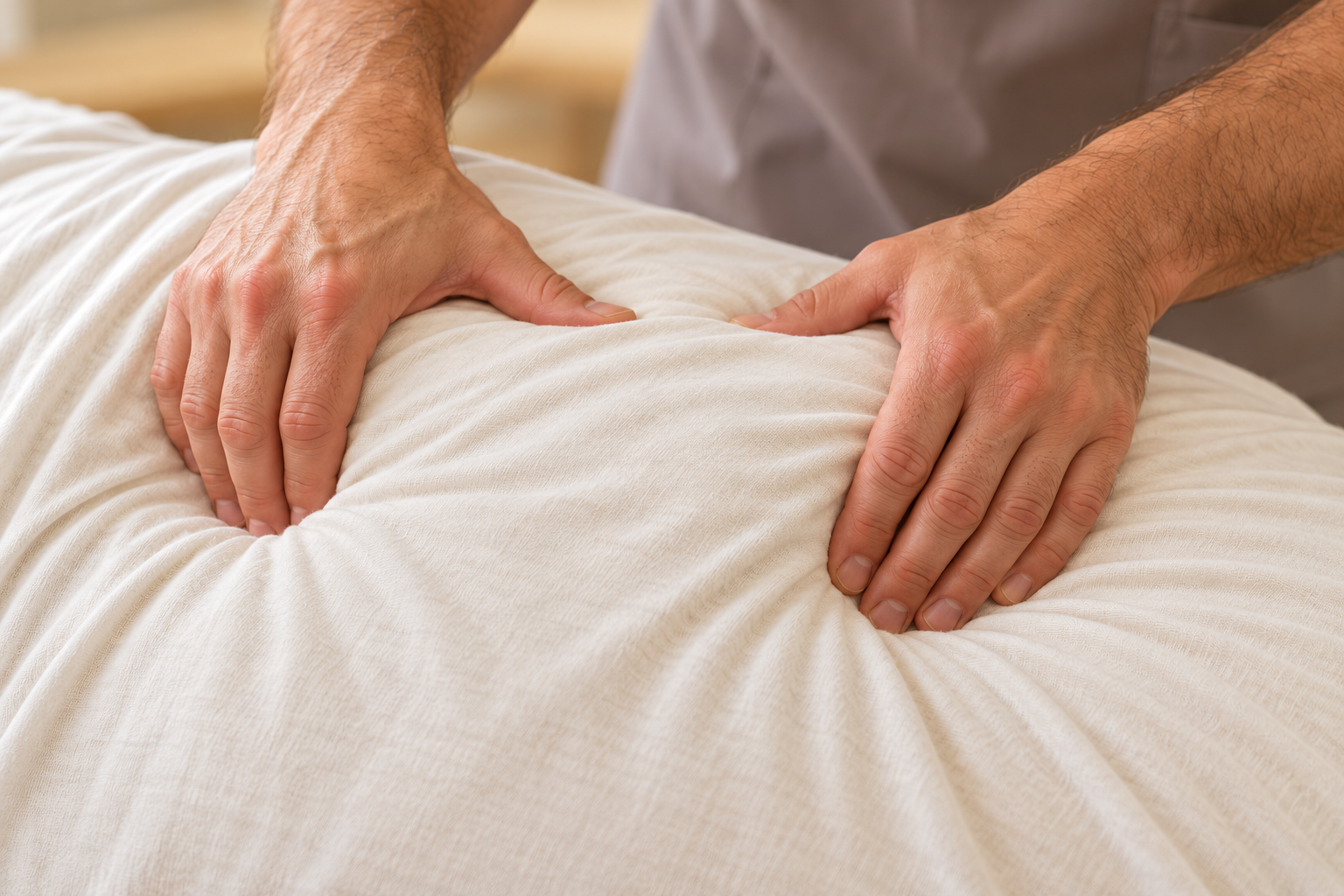 Illustrative close-up of a male therapist’s hands massaging a man’s upper back; no faces shown
