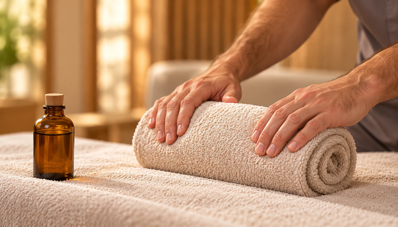 Illustrative close-up of a male therapist preparing a towel and massage oil