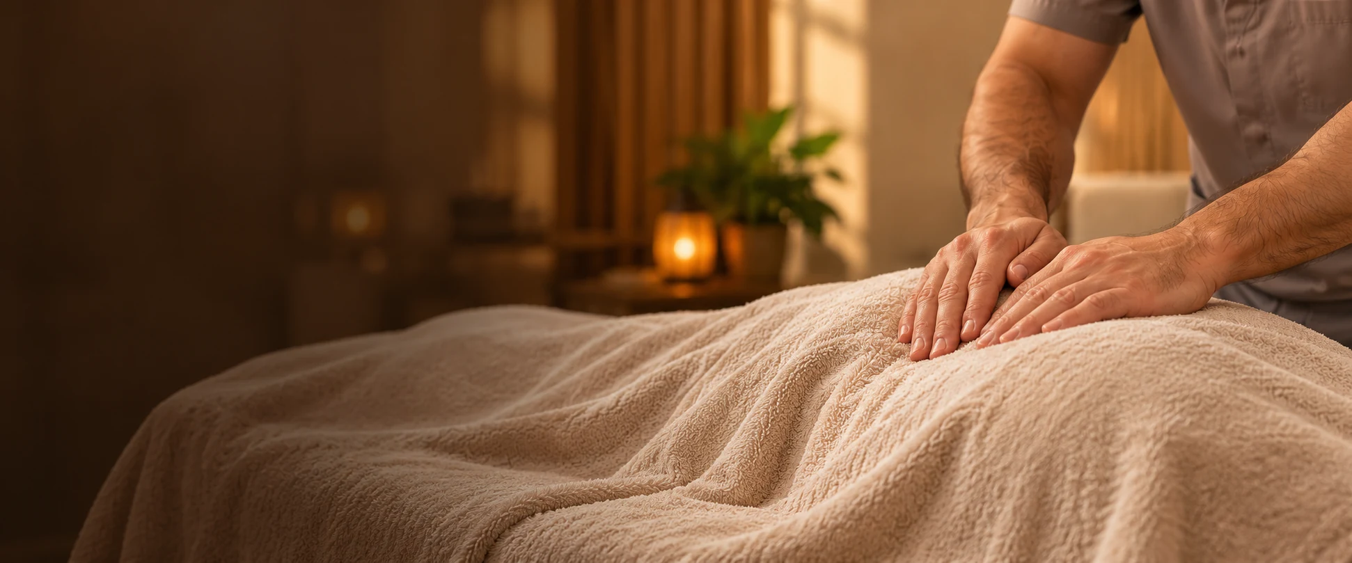 صورة توضيحية ليدَي معالج رجل يقدّم التدليك فوق منشفة دون ظهور الوجوه
